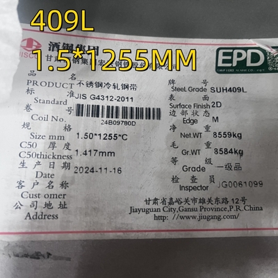 JIS G4312 SUH409L SUS409L  Cold Rolled Stainless Steel Sheet 1.5mm Finish 2D For Exhaust Systems